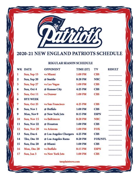 new england patriot football league schedule